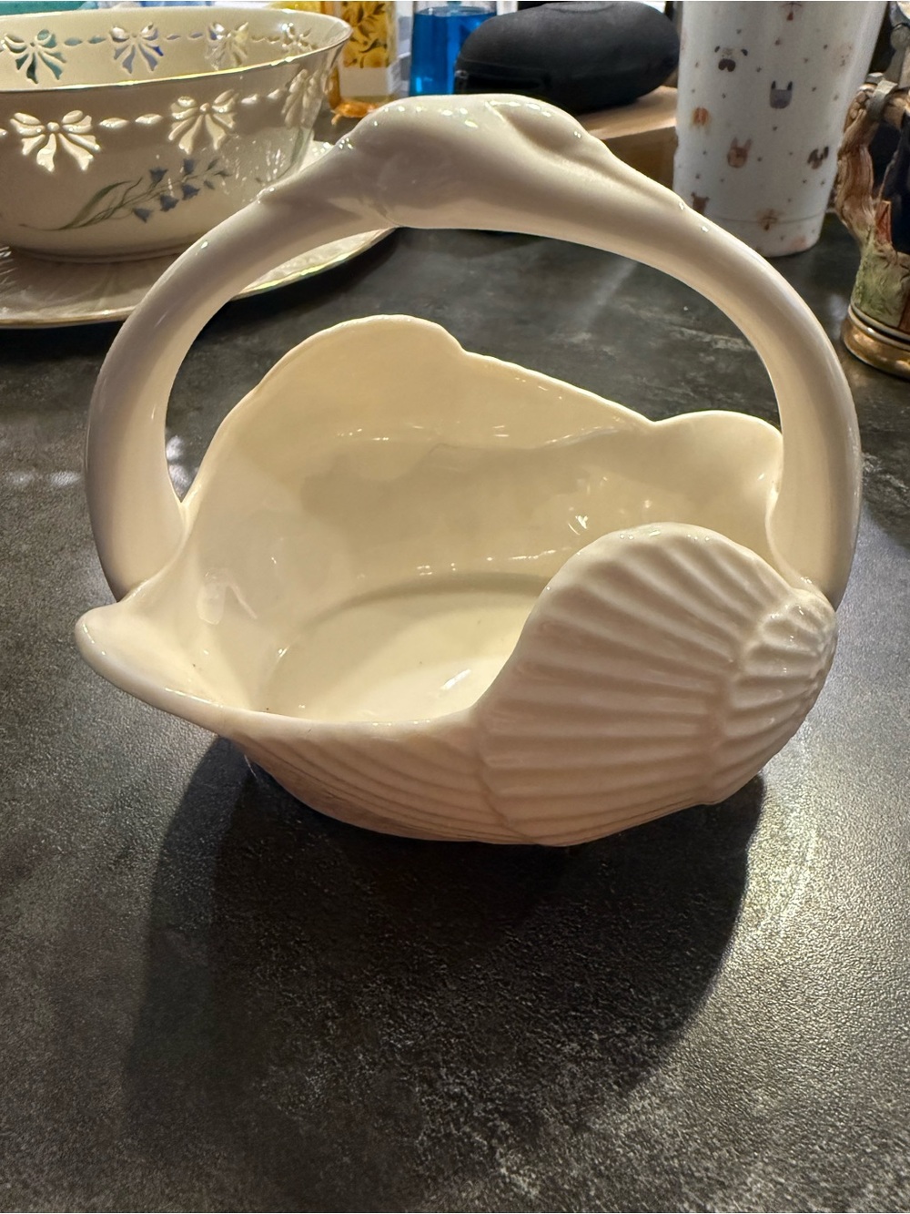 Lenox White Ceramic Swan Basket with Gold Logo Accent